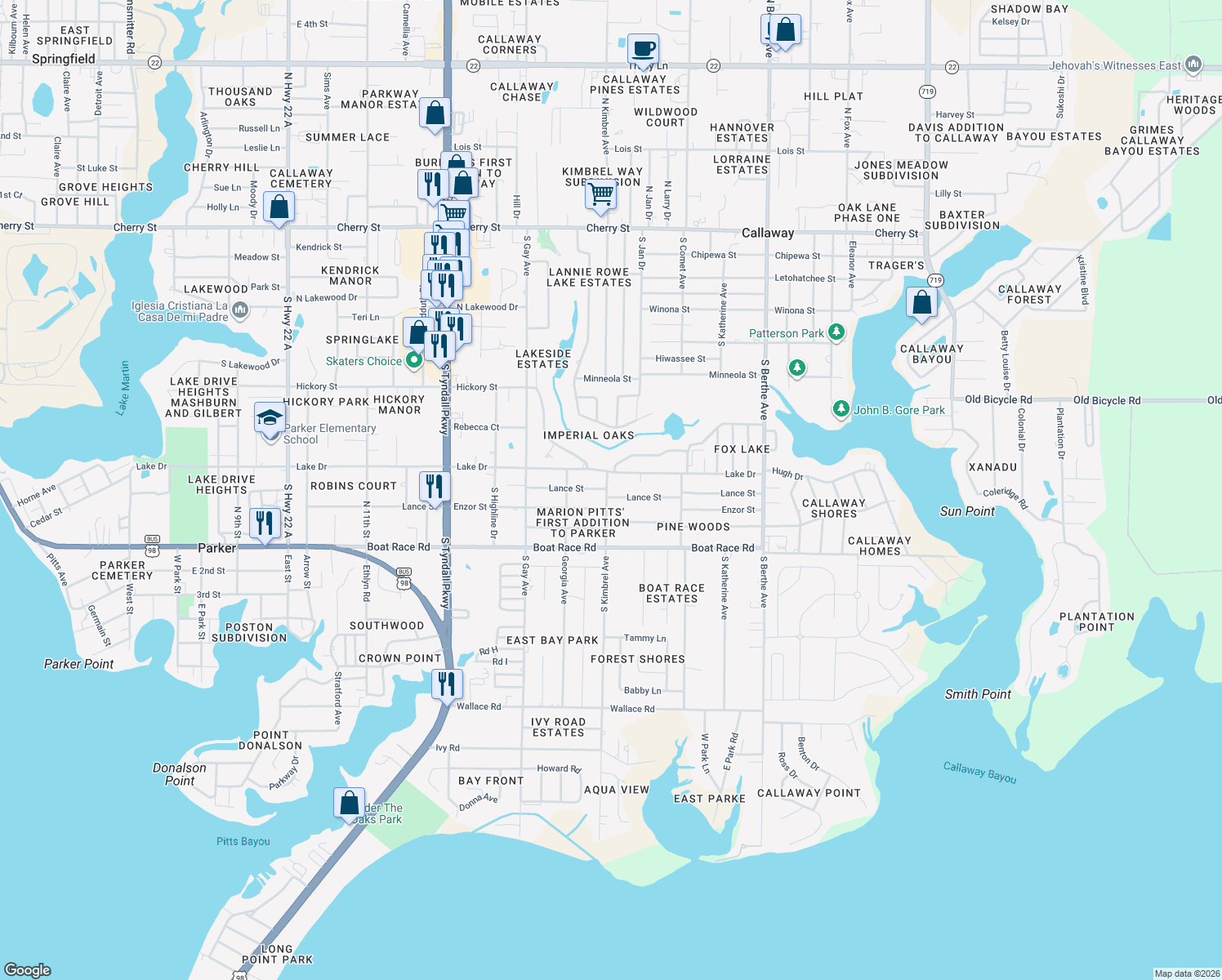 map of restaurants, bars, coffee shops, grocery stores, and more near 6201 Lance Street in Panama City
