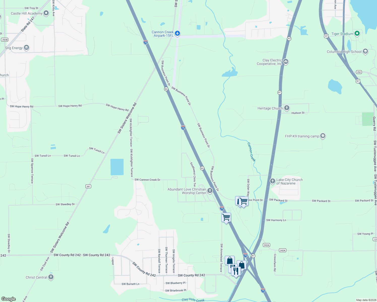 map of restaurants, bars, coffee shops, grocery stores, and more near 607 Chris Road in Lake City