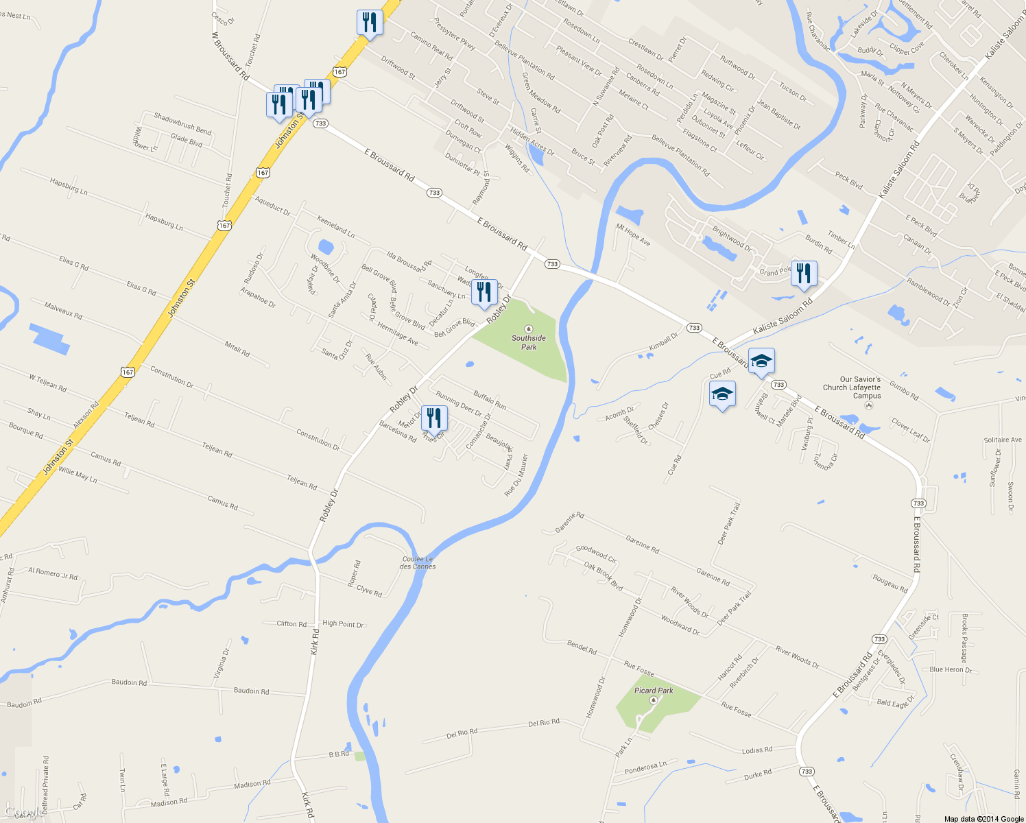 map of restaurants, bars, coffee shops, grocery stores, and more near 205 Buffalo Run in Lafayette