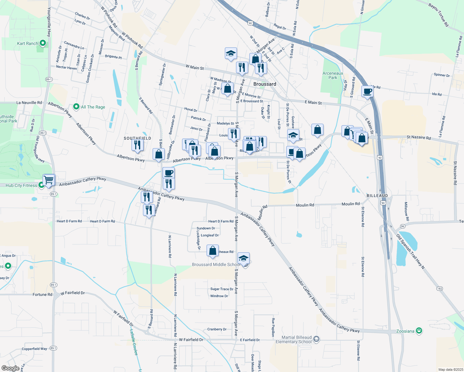 map of restaurants, bars, coffee shops, grocery stores, and more near 1000 South Morgan Avenue in Broussard