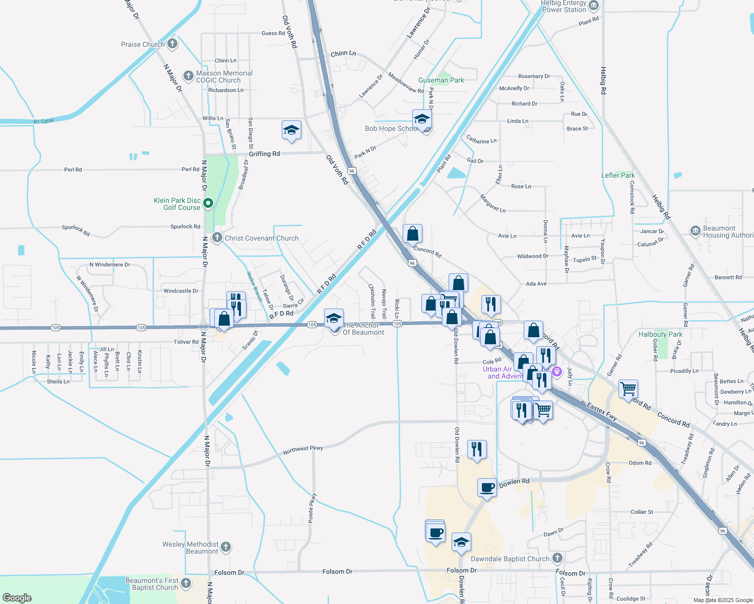 map of restaurants, bars, coffee shops, grocery stores, and more near 6020 Chisholm Trail in Beaumont