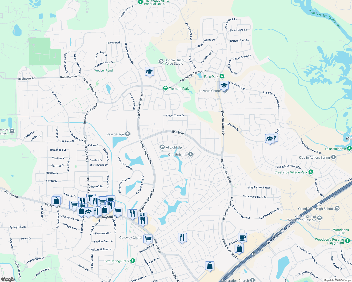 map of restaurants, bars, coffee shops, grocery stores, and more near 30611 Pinemill Hollow Drive in Spring