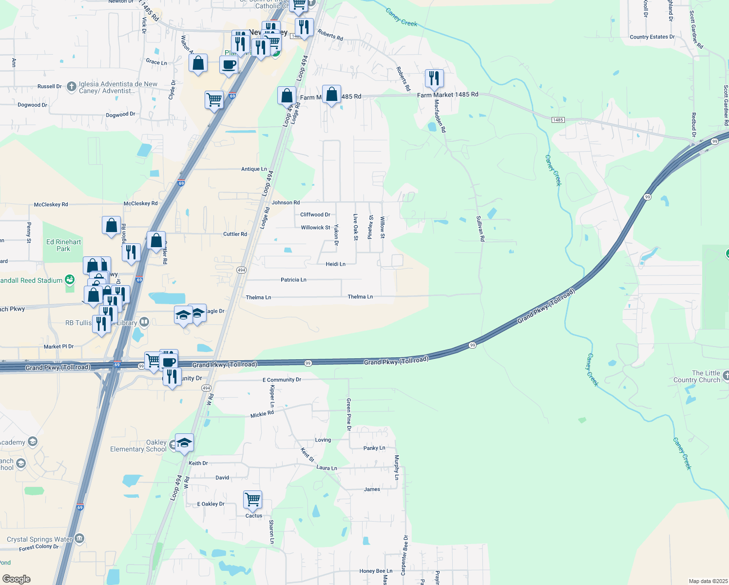 map of restaurants, bars, coffee shops, grocery stores, and more near 23569 Thelma Ln in New Caney