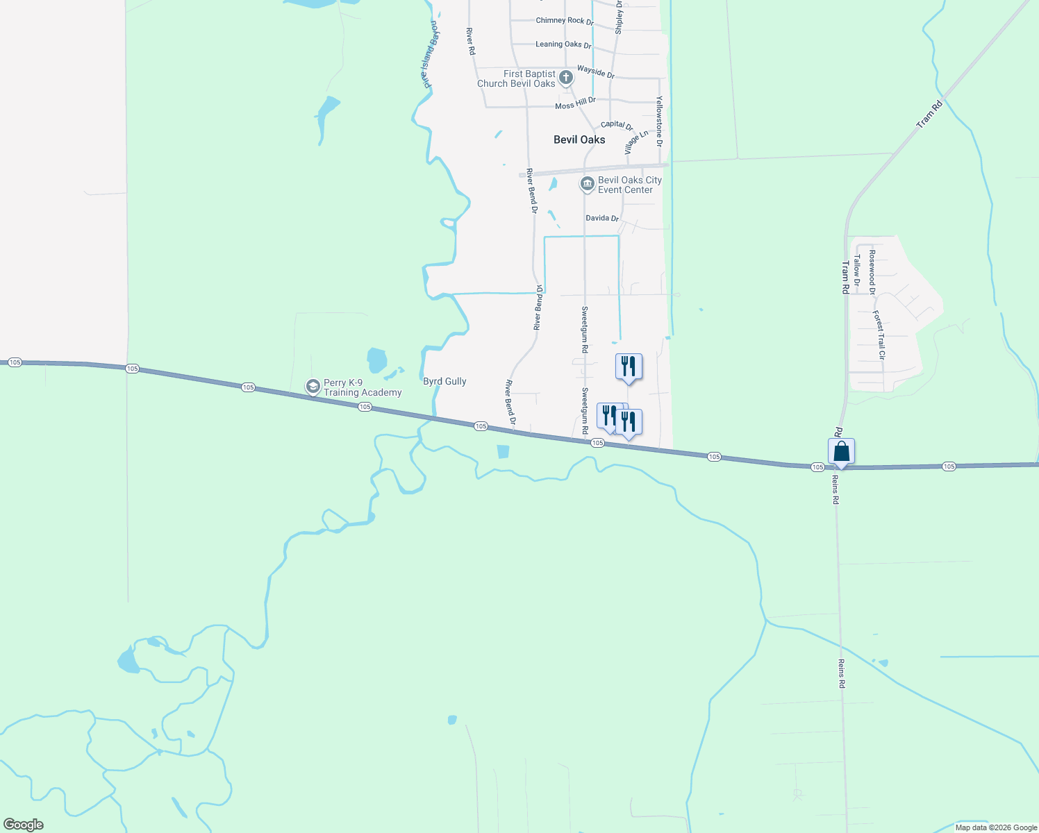 map of restaurants, bars, coffee shops, grocery stores, and more near 7020 River Bend Dr in Beaumont