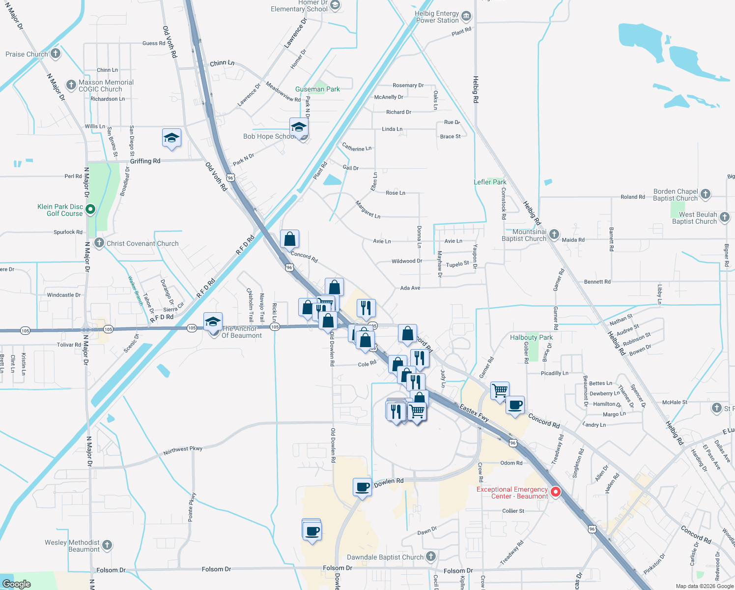 map of restaurants, bars, coffee shops, grocery stores, and more near 7030 Concord Road in Beaumont