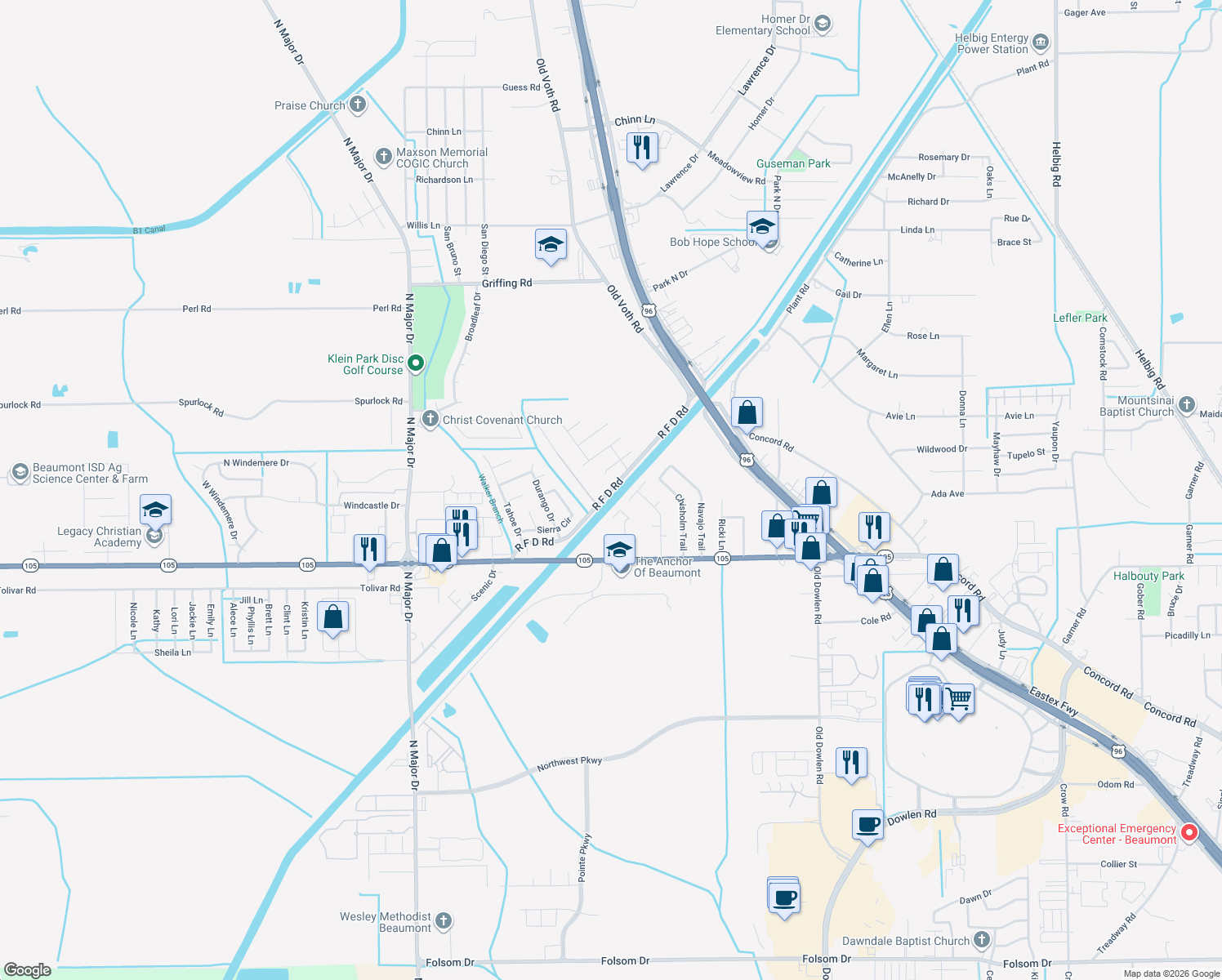 map of restaurants, bars, coffee shops, grocery stores, and more near R F D Road in Beaumont