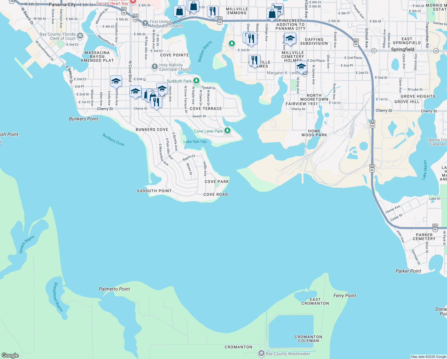 map of restaurants, bars, coffee shops, grocery stores, and more near 728 Bunkers Cove Road in Panama City