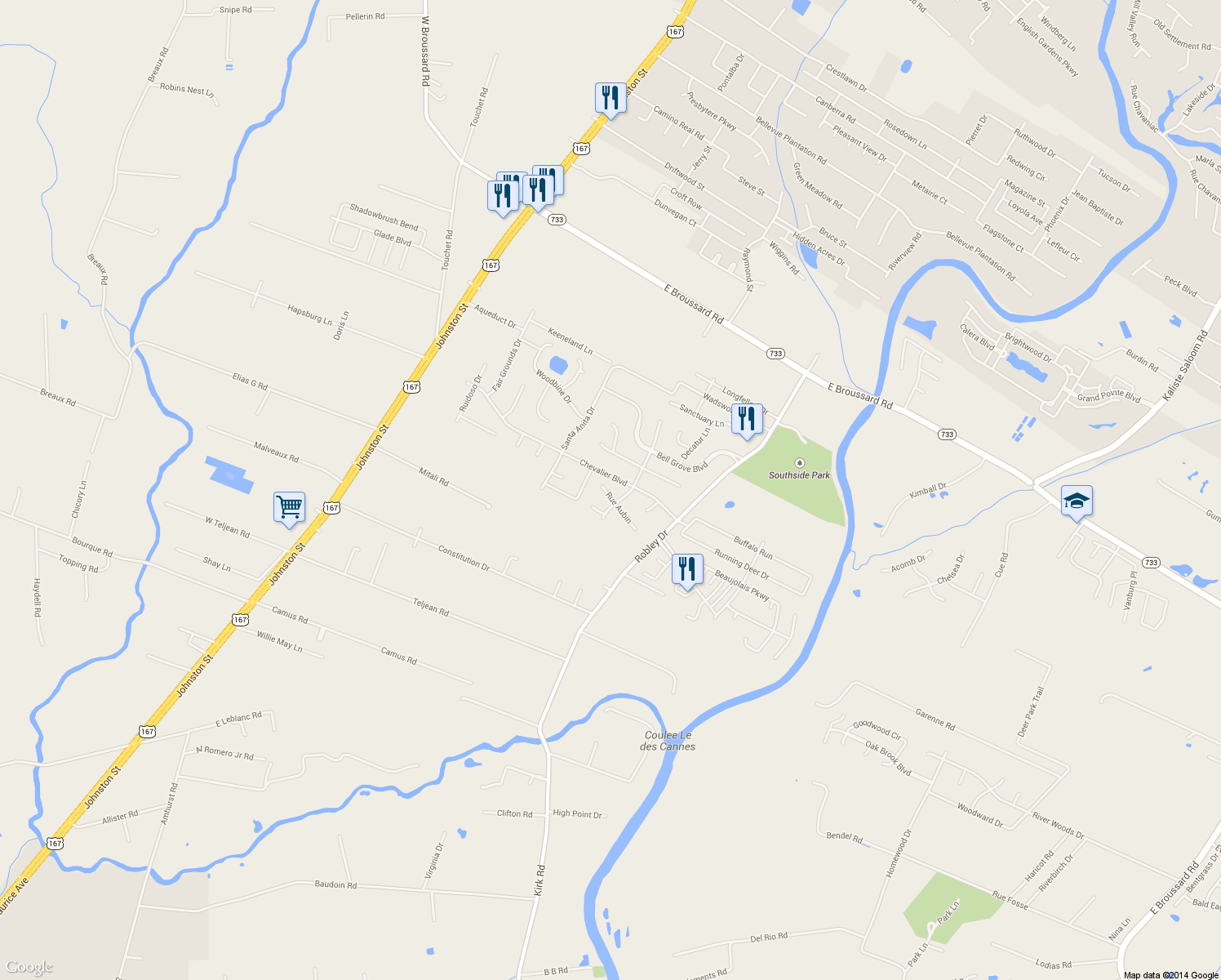 map of restaurants, bars, coffee shops, grocery stores, and more near 206 Rue Aubin in Lafayette