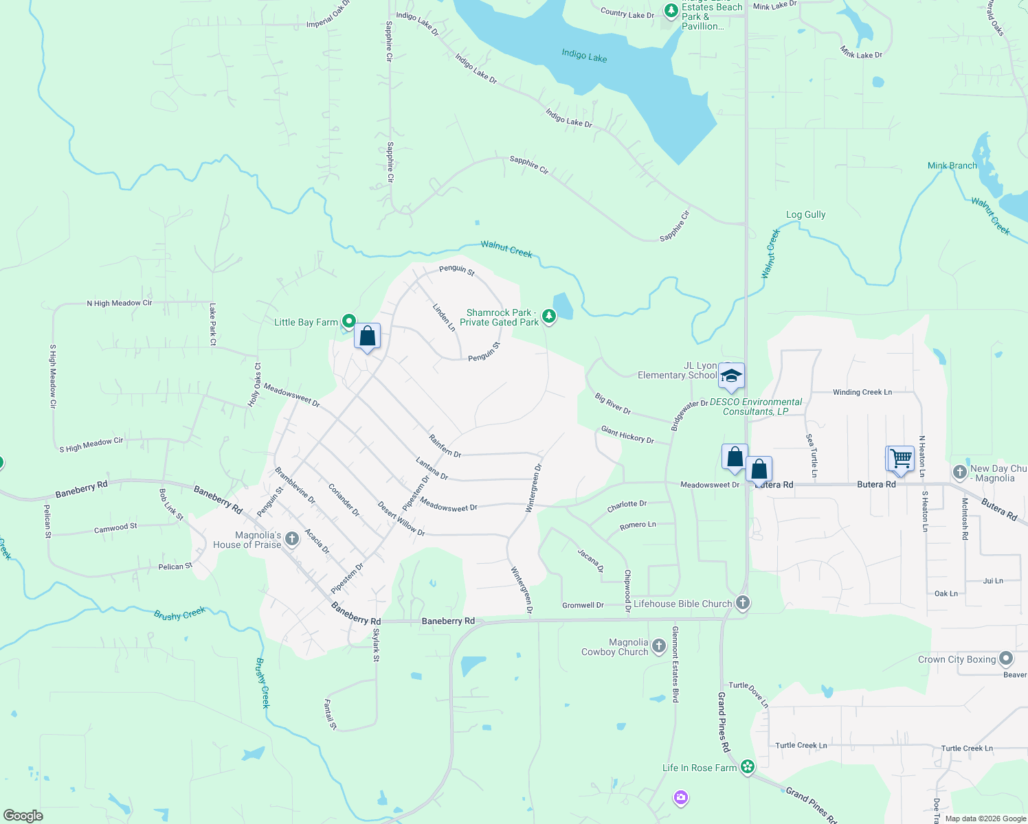 map of restaurants, bars, coffee shops, grocery stores, and more near 25403 Pipestem Dr in Magnolia