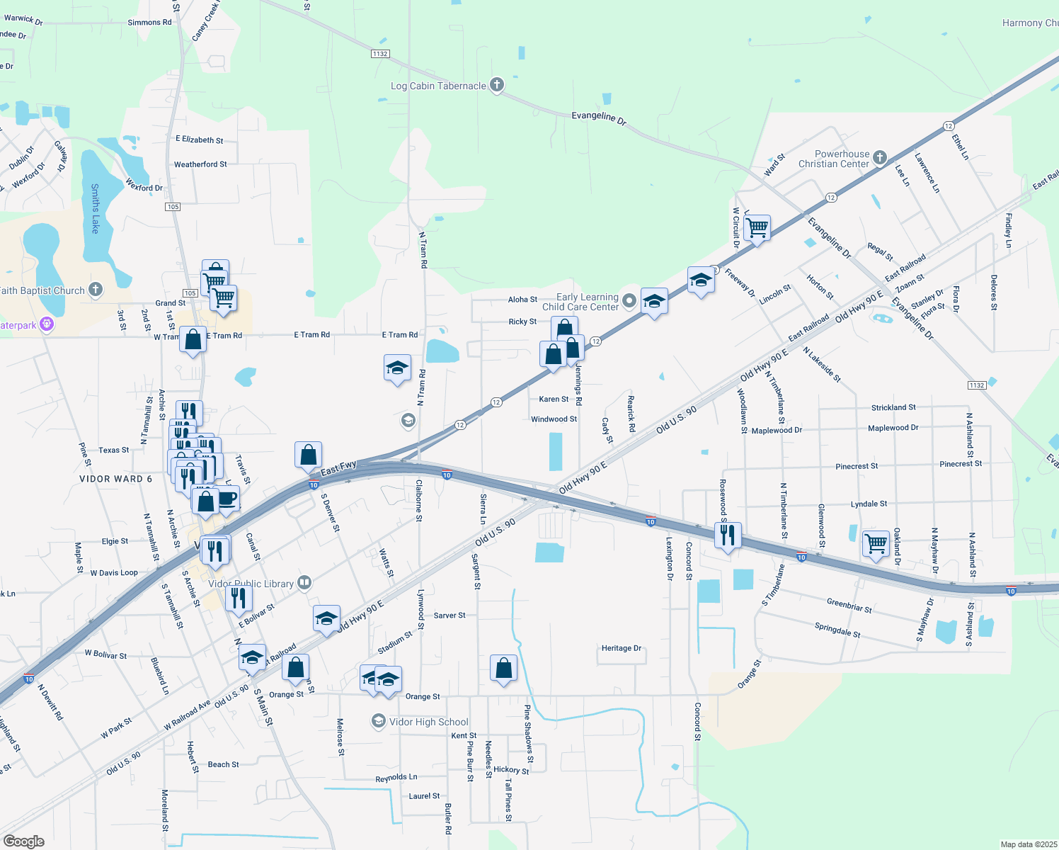 map of restaurants, bars, coffee shops, grocery stores, and more near 1330 Windwood St in Vidor