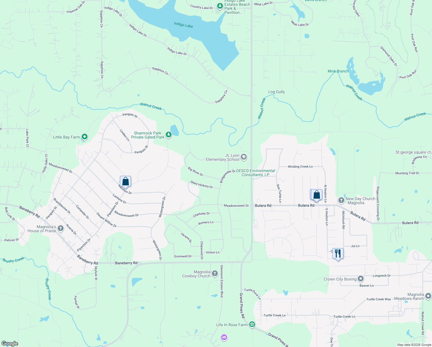 map of restaurants, bars, coffee shops, grocery stores, and more near 21810 Big River Drive in Magnolia