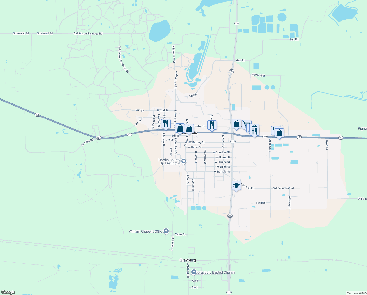 map of restaurants, bars, coffee shops, grocery stores, and more near 569 W Hartel St in Sour Lake