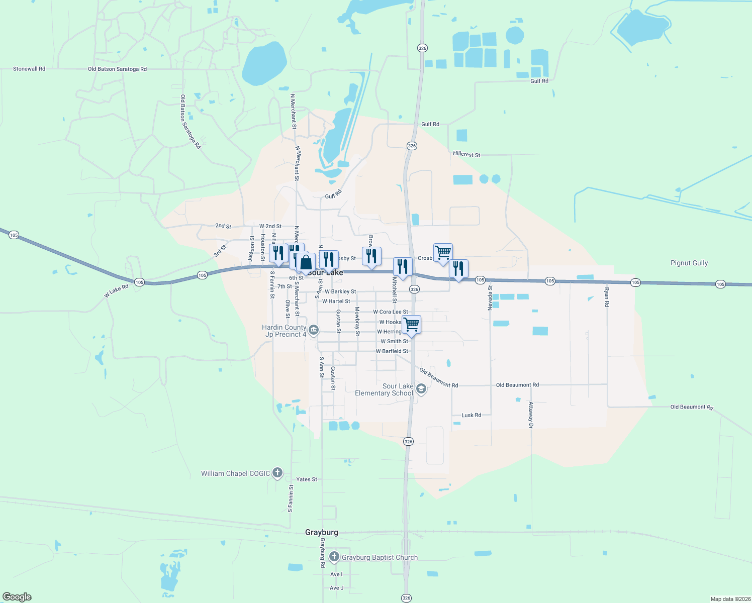 map of restaurants, bars, coffee shops, grocery stores, and more near 265 W Hartel St in Sour Lake