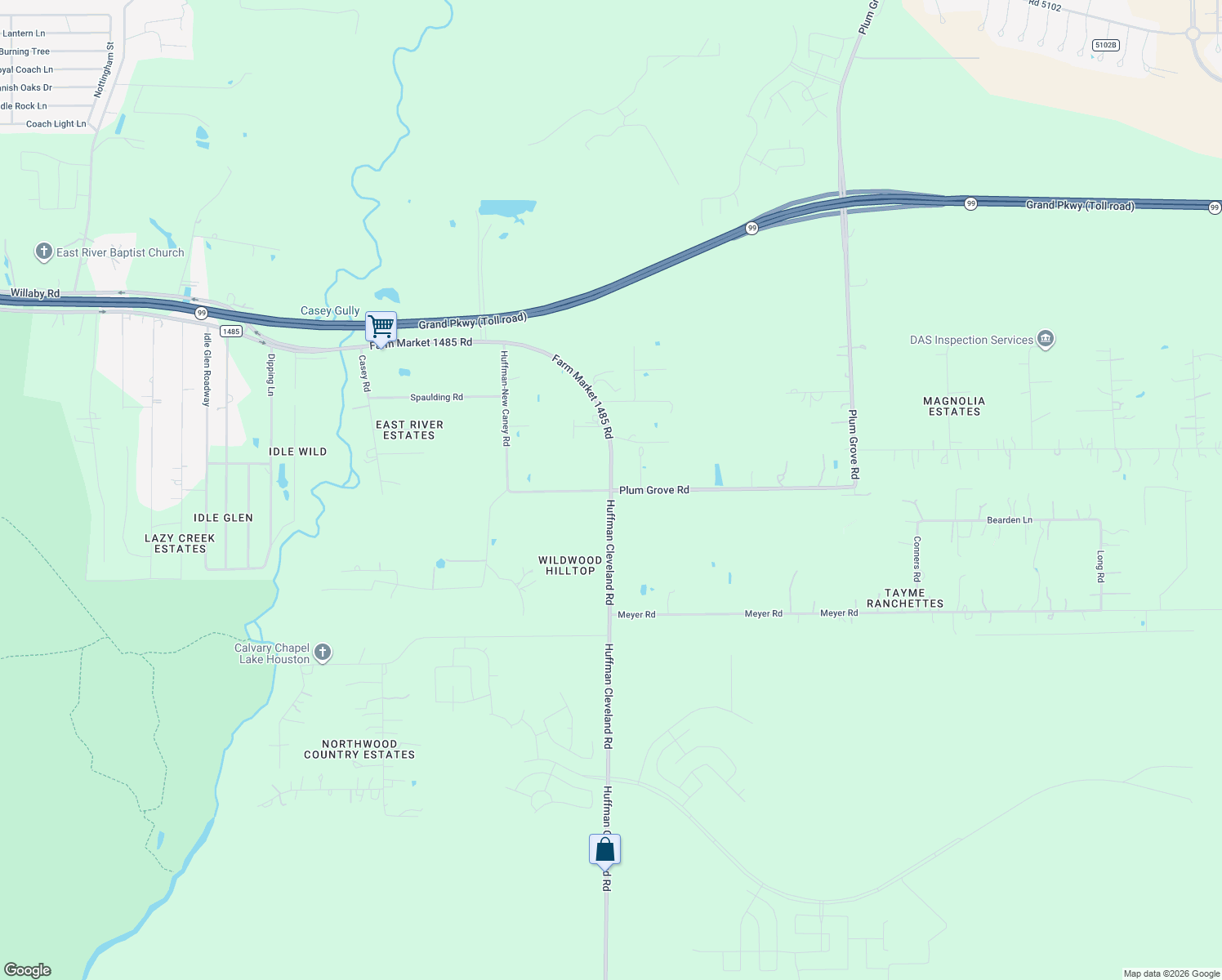 map of restaurants, bars, coffee shops, grocery stores, and more near 2525 Huffman-Cleveland Road in New Caney
