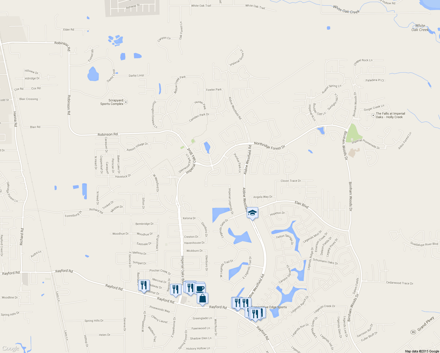 map of restaurants, bars, coffee shops, grocery stores, and more near 31022 North Imperial Path Lane in Spring
