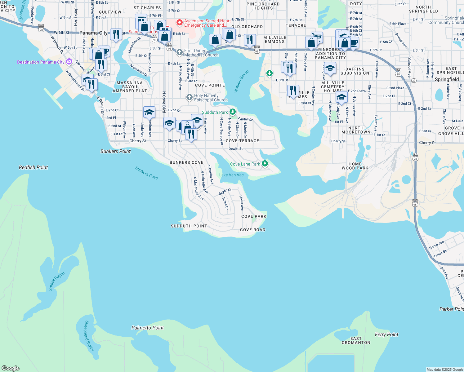 map of restaurants, bars, coffee shops, grocery stores, and more near 1315 Bayou Court in Panama City