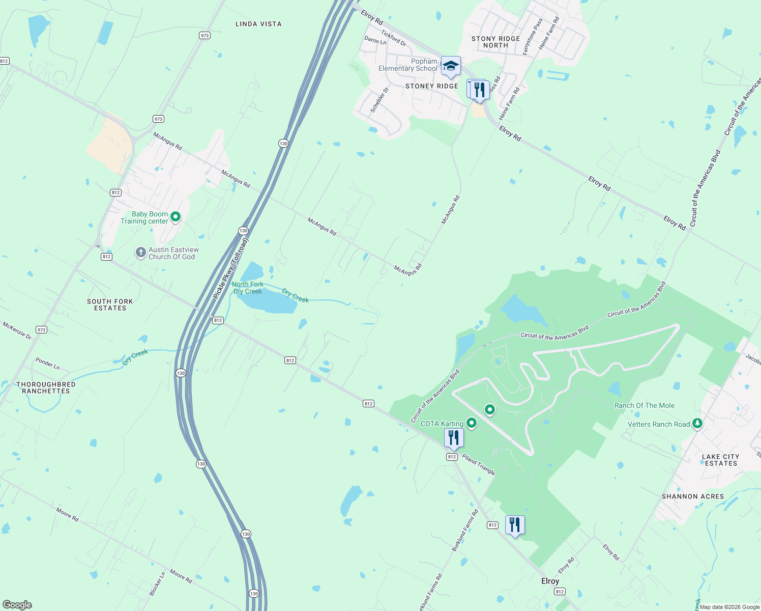 map of restaurants, bars, coffee shops, grocery stores, and more near 12007 McAngus Road in Travis County
