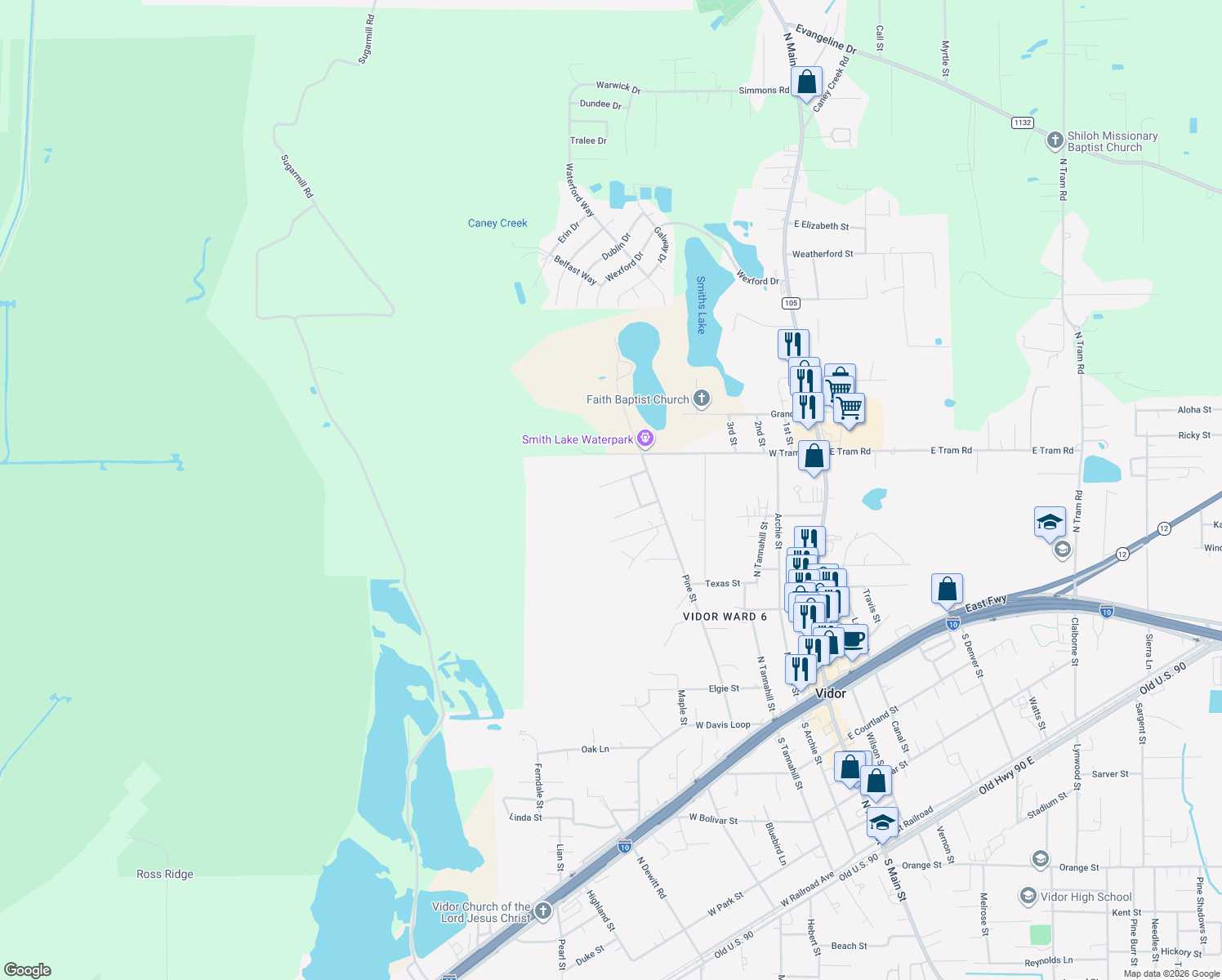 map of restaurants, bars, coffee shops, grocery stores, and more near 965 Rene Ln in Vidor