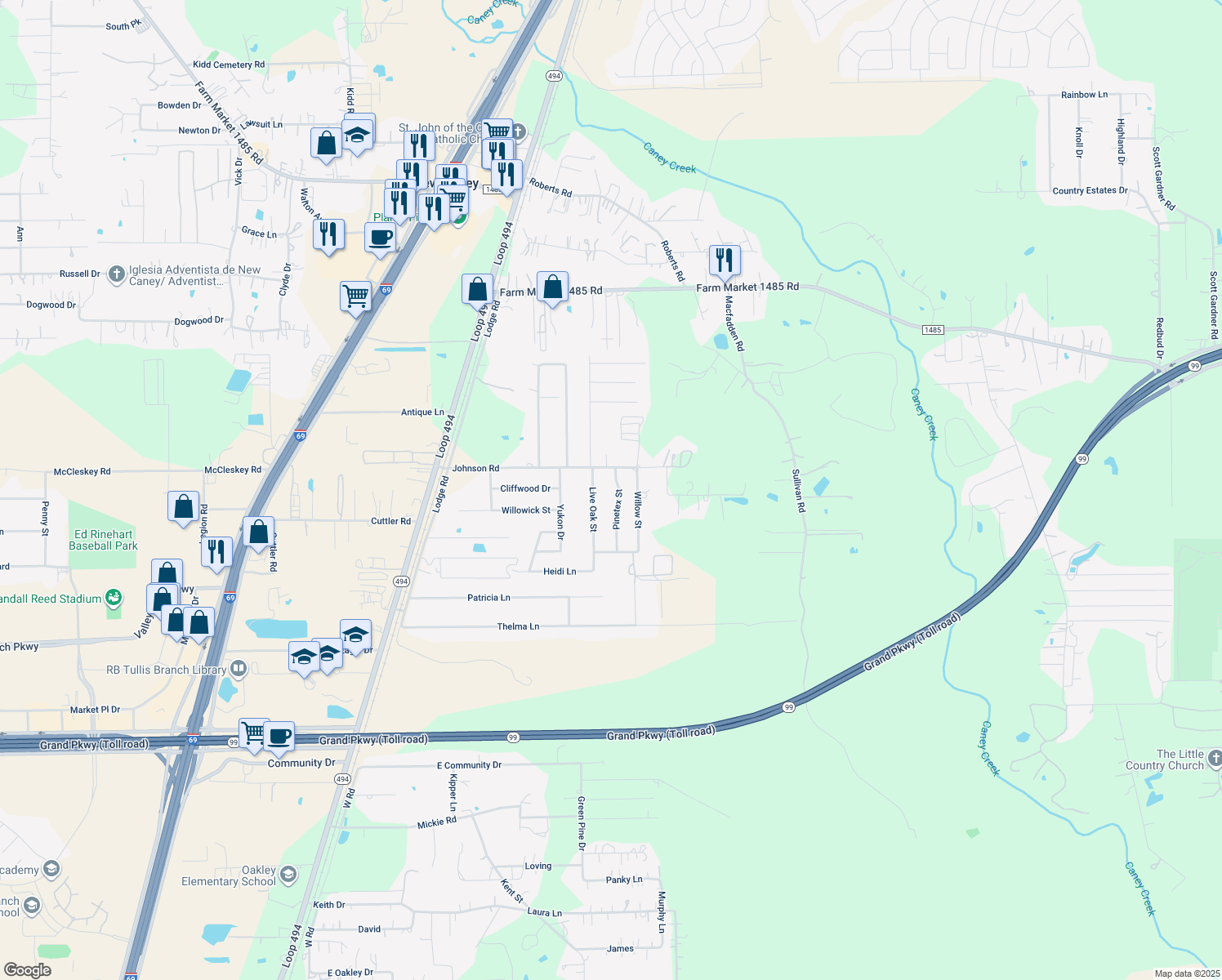 map of restaurants, bars, coffee shops, grocery stores, and more near 21016 Pinetex Street in New Caney