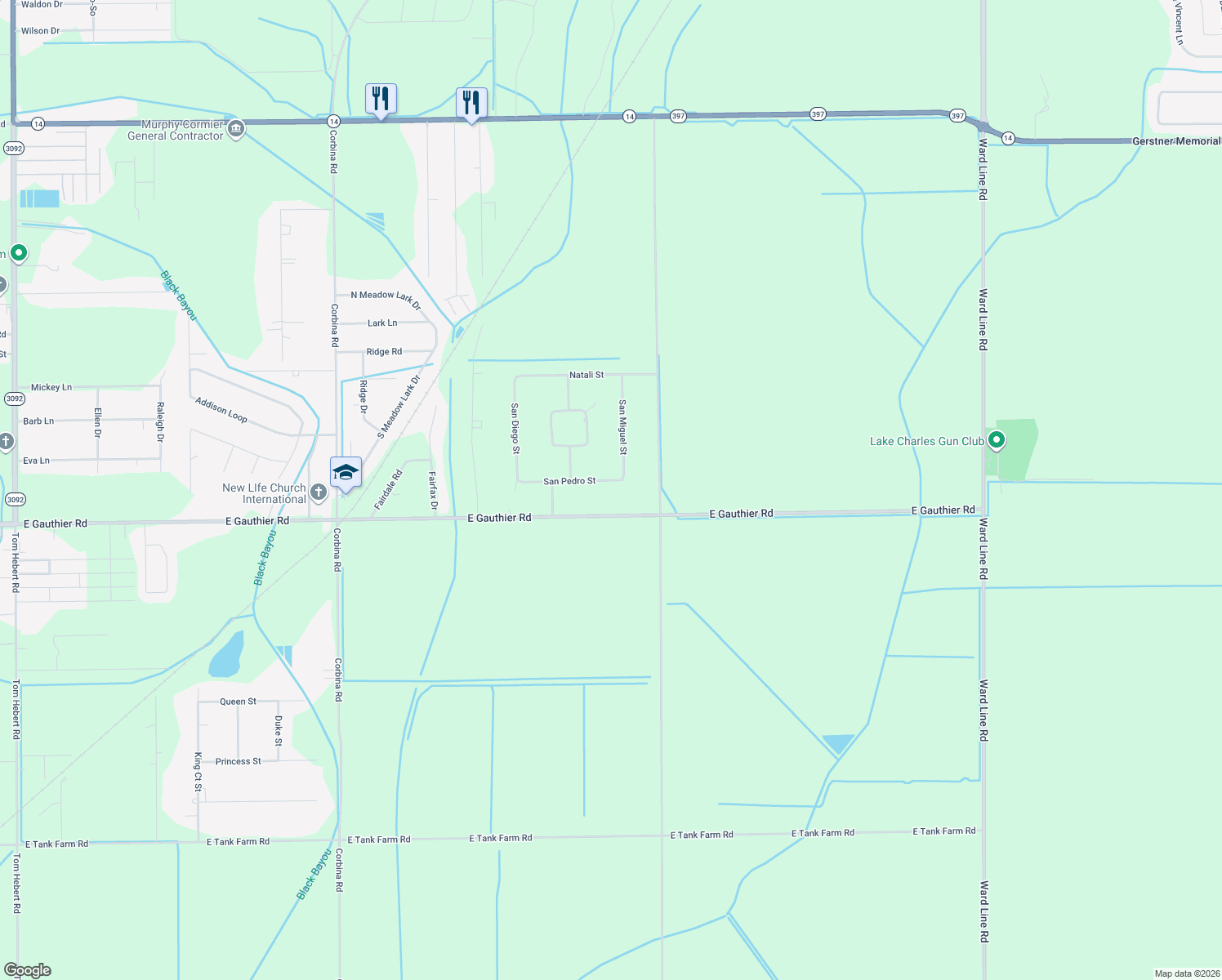 map of restaurants, bars, coffee shops, grocery stores, and more near 4033 San Pedro St in Lake Charles