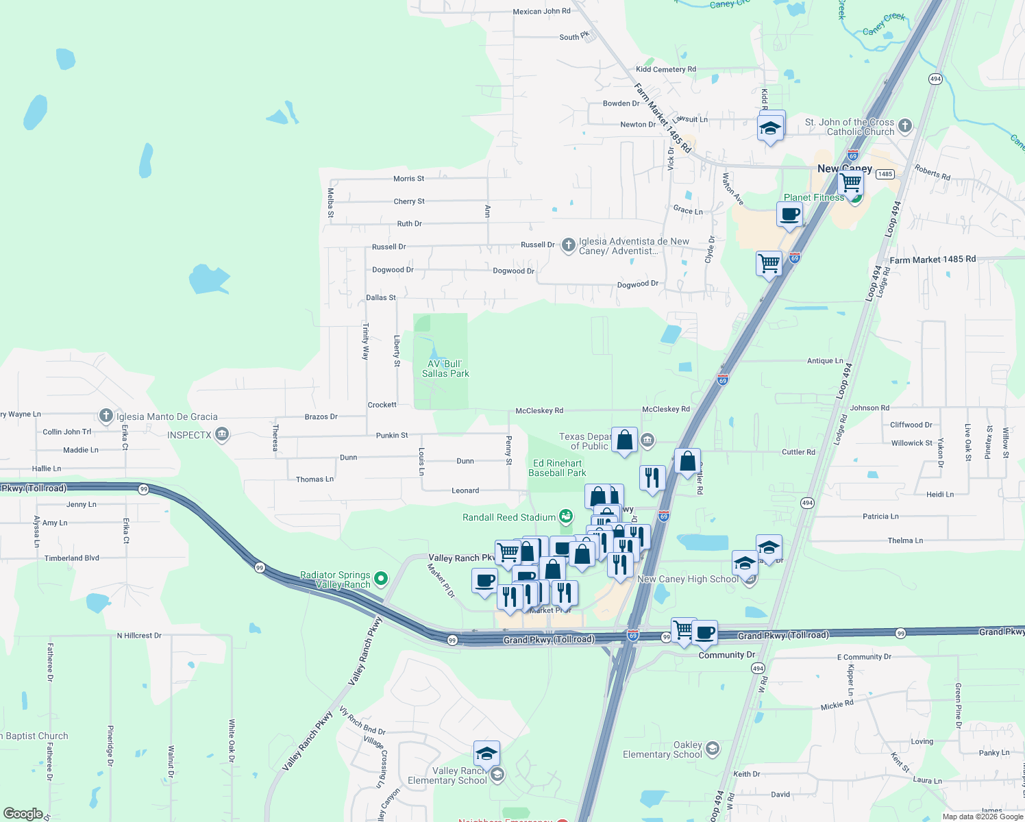 map of restaurants, bars, coffee shops, grocery stores, and more near 21807 McCleskey Rd in New Caney