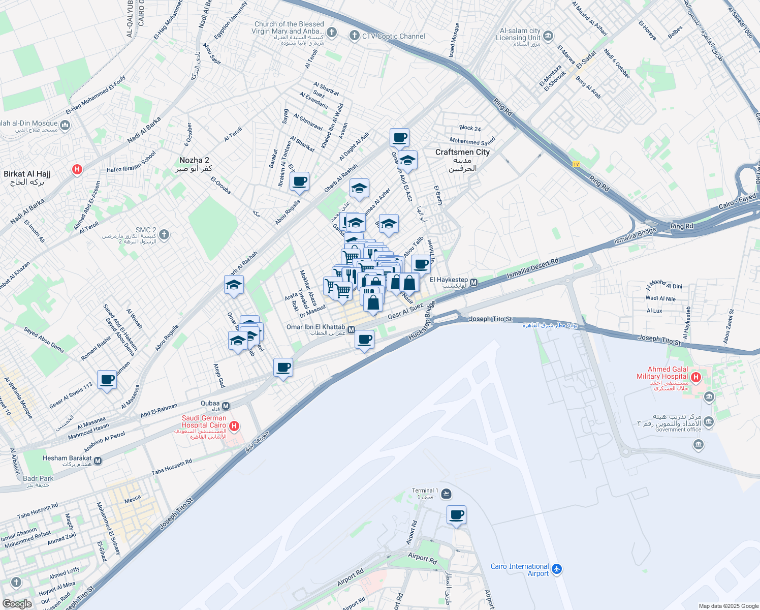 map of restaurants, bars, coffee shops, grocery stores, and more near in Al Salam First