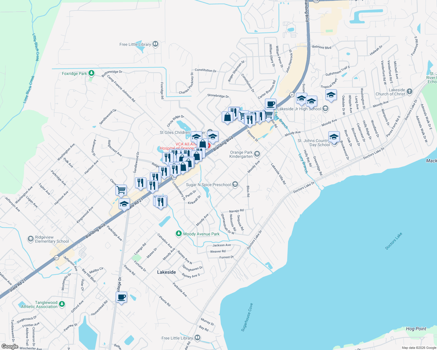 map of restaurants, bars, coffee shops, grocery stores, and more near 2662 Shannon Street in Orange Park