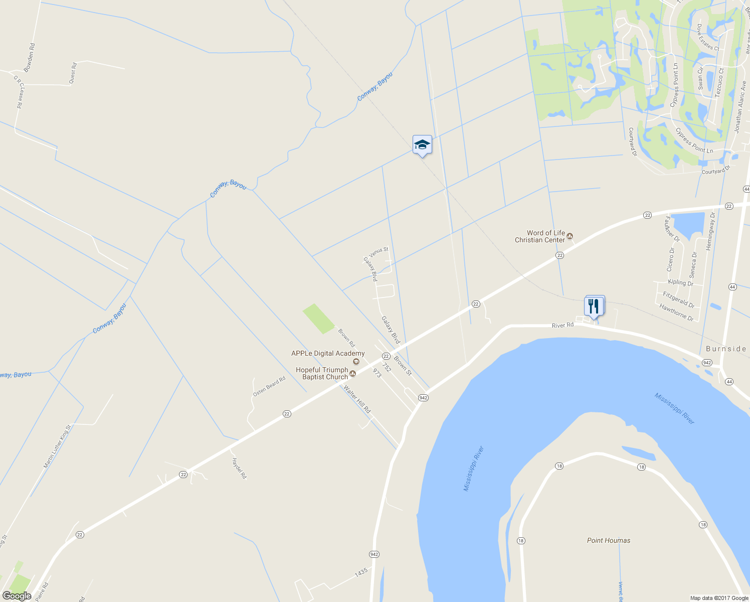 map of restaurants, bars, coffee shops, grocery stores, and more near 5141 Galaxy Boulevard in Darrow