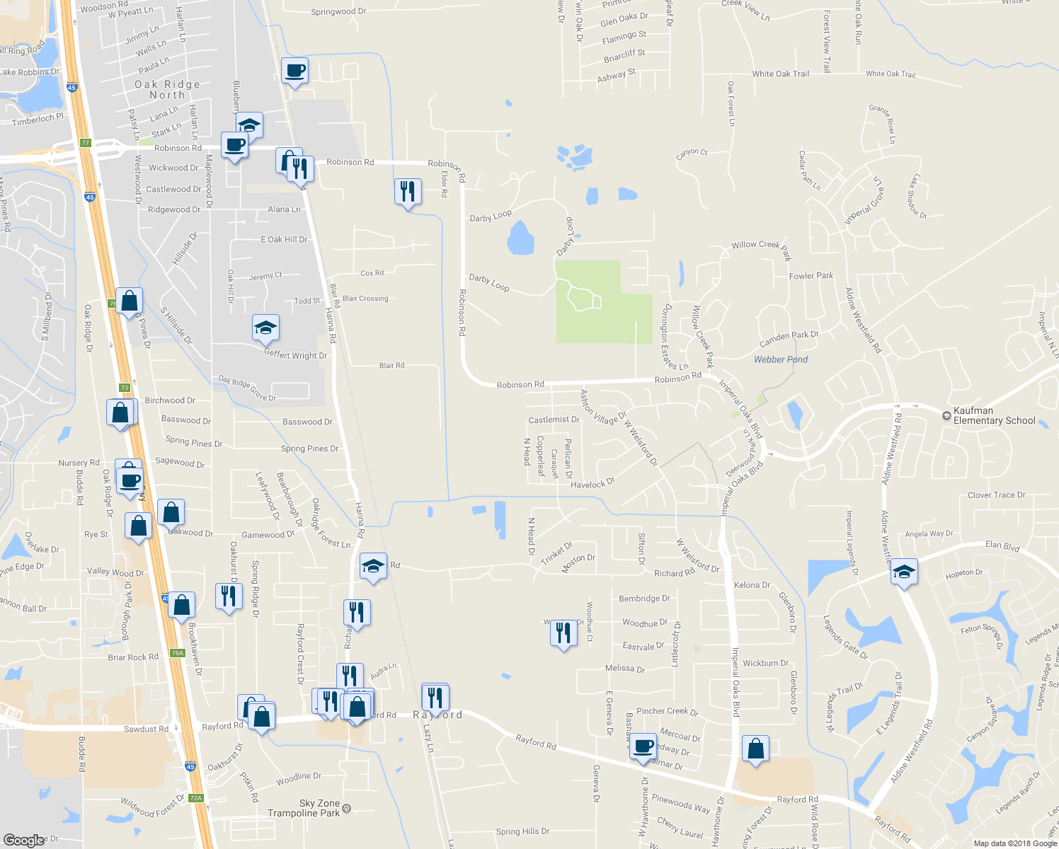 map of restaurants, bars, coffee shops, grocery stores, and more near 1306 Castlemist Drive in Spring