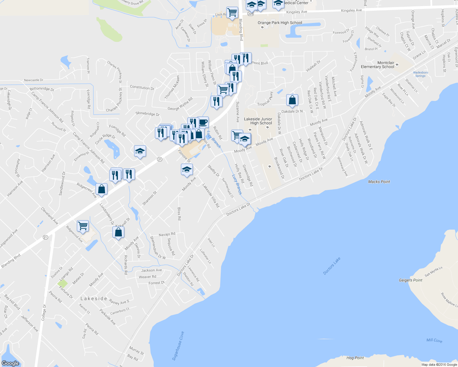 map of restaurants, bars, coffee shops, grocery stores, and more near 1252 Summerfield Court in Orange Park