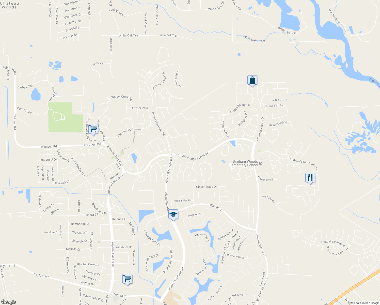 map of restaurants, bars, coffee shops, grocery stores, and more near 2907 Silverwood Park Lane in Spring