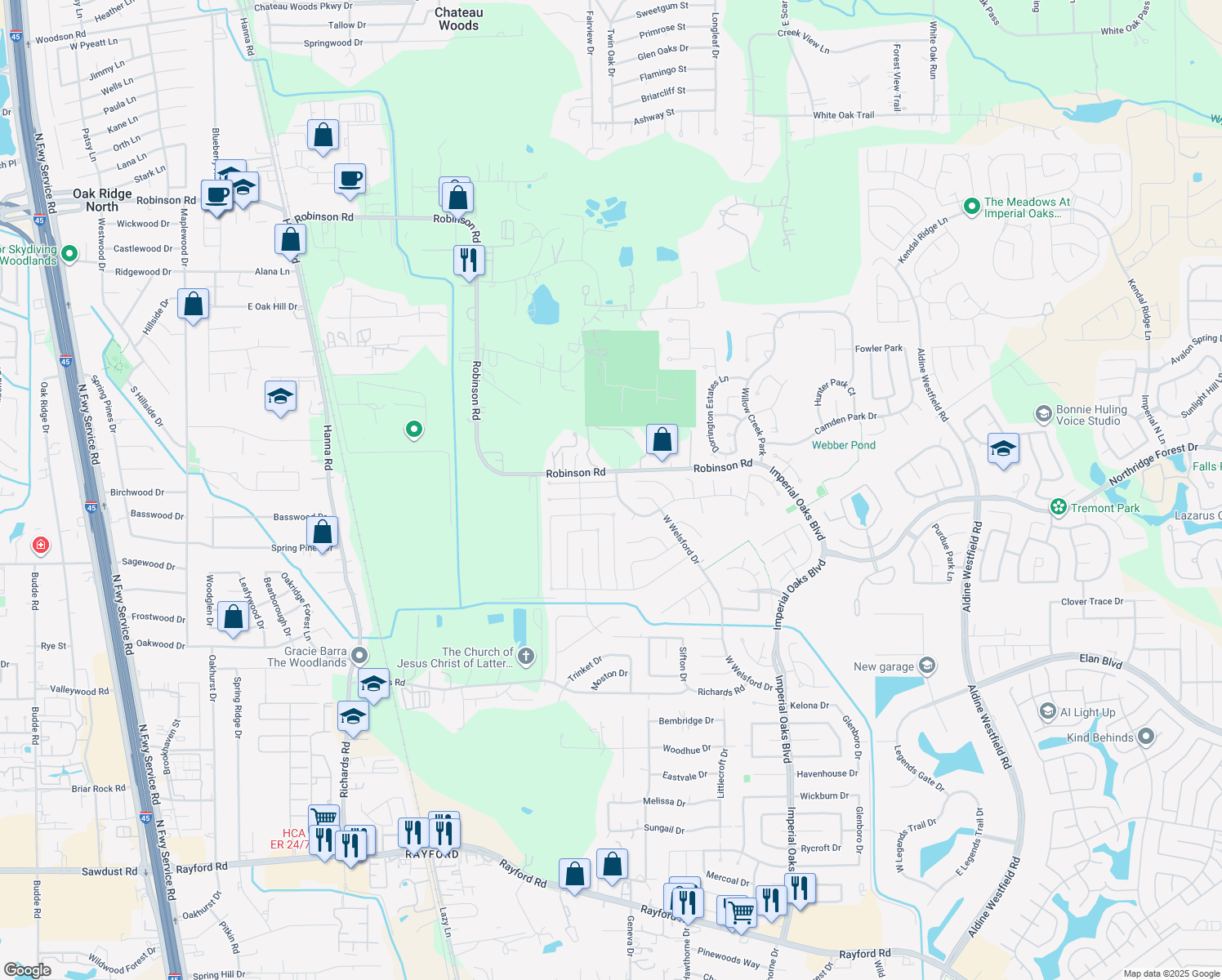 map of restaurants, bars, coffee shops, grocery stores, and more near 1514 Ashton Village Drive in Spring