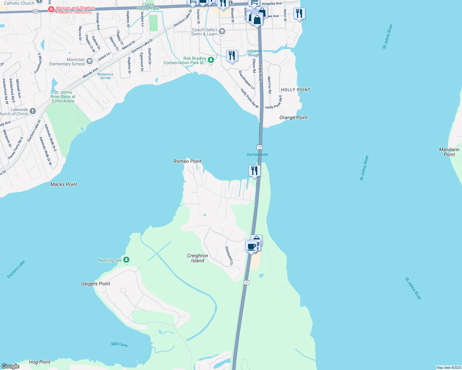 map of restaurants, bars, coffee shops, grocery stores, and more near 3130 Creighton Landing Road in Orange Park