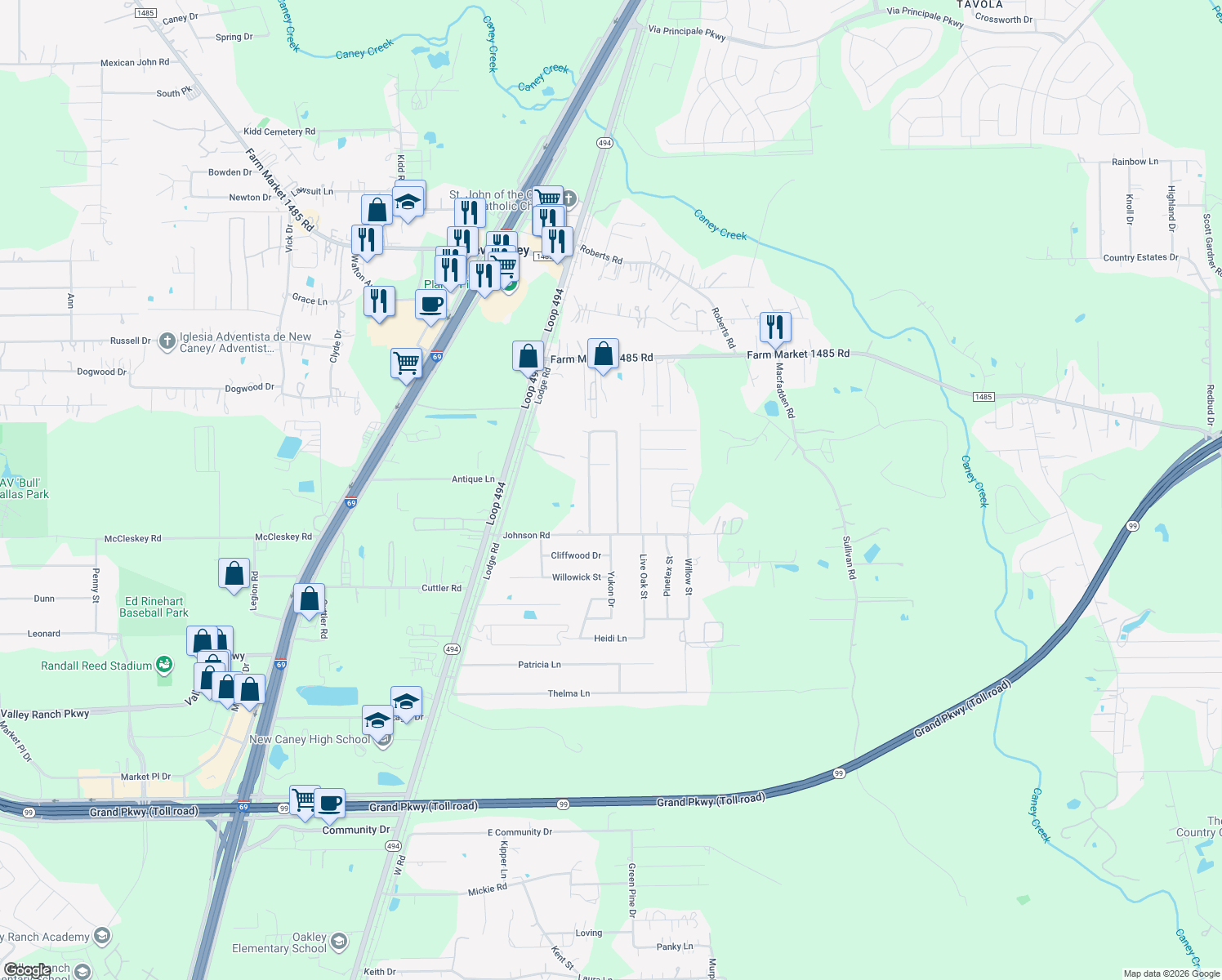 map of restaurants, bars, coffee shops, grocery stores, and more near 20361 Oakshade Drive in New Caney