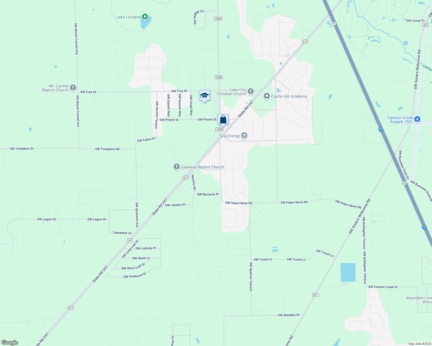 map of restaurants, bars, coffee shops, grocery stores, and more near 136 Southwest Crossbow Place in Lake City