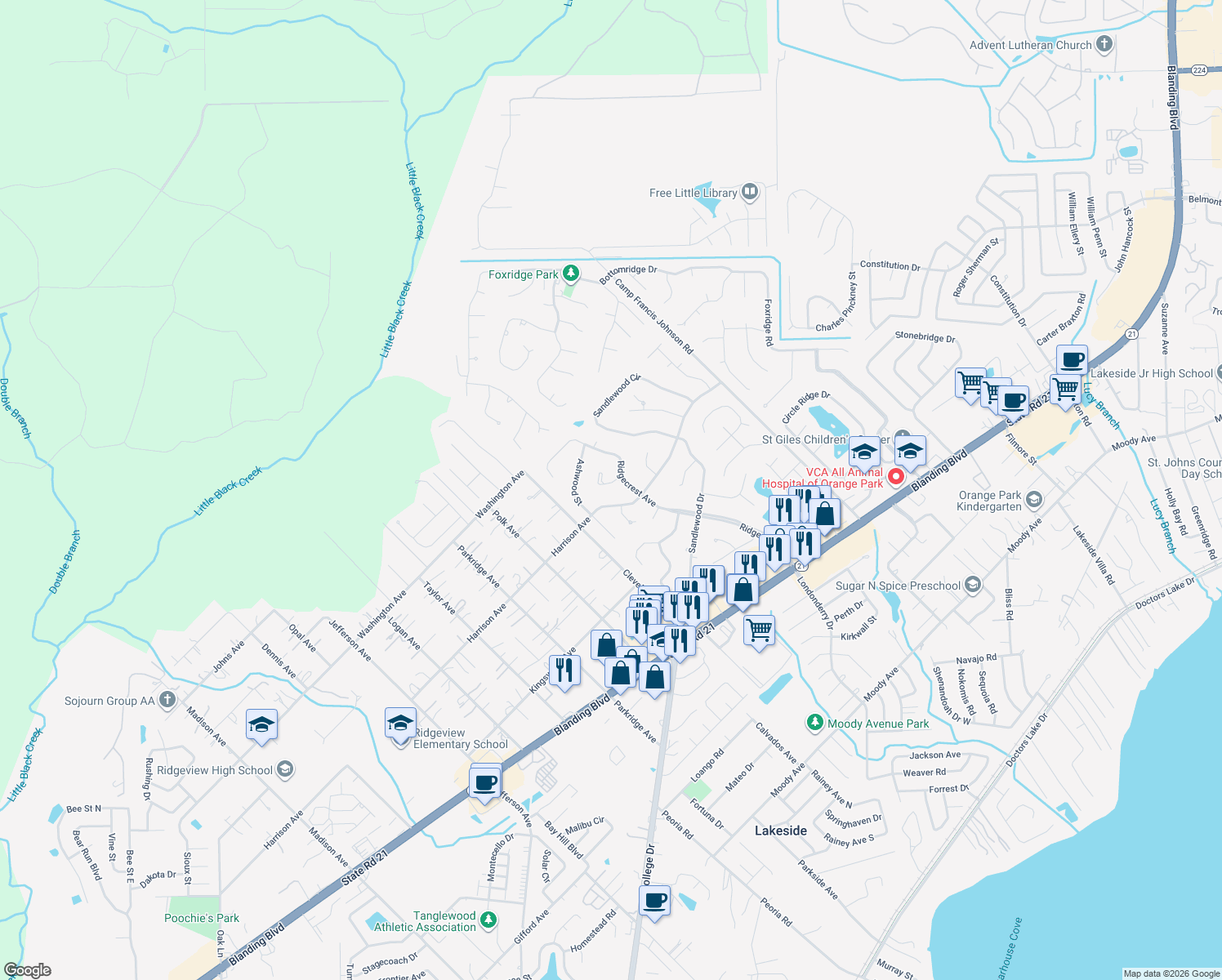 map of restaurants, bars, coffee shops, grocery stores, and more near 2553 Glenloch Court in Orange Park
