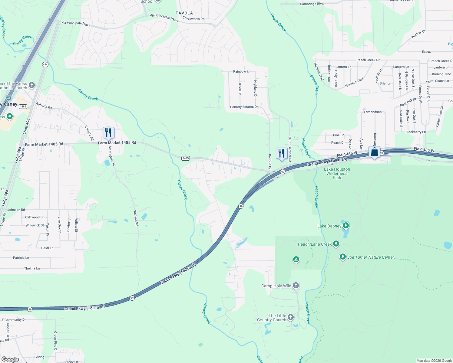 map of restaurants, bars, coffee shops, grocery stores, and more near 20576 Kings Rd in New Caney