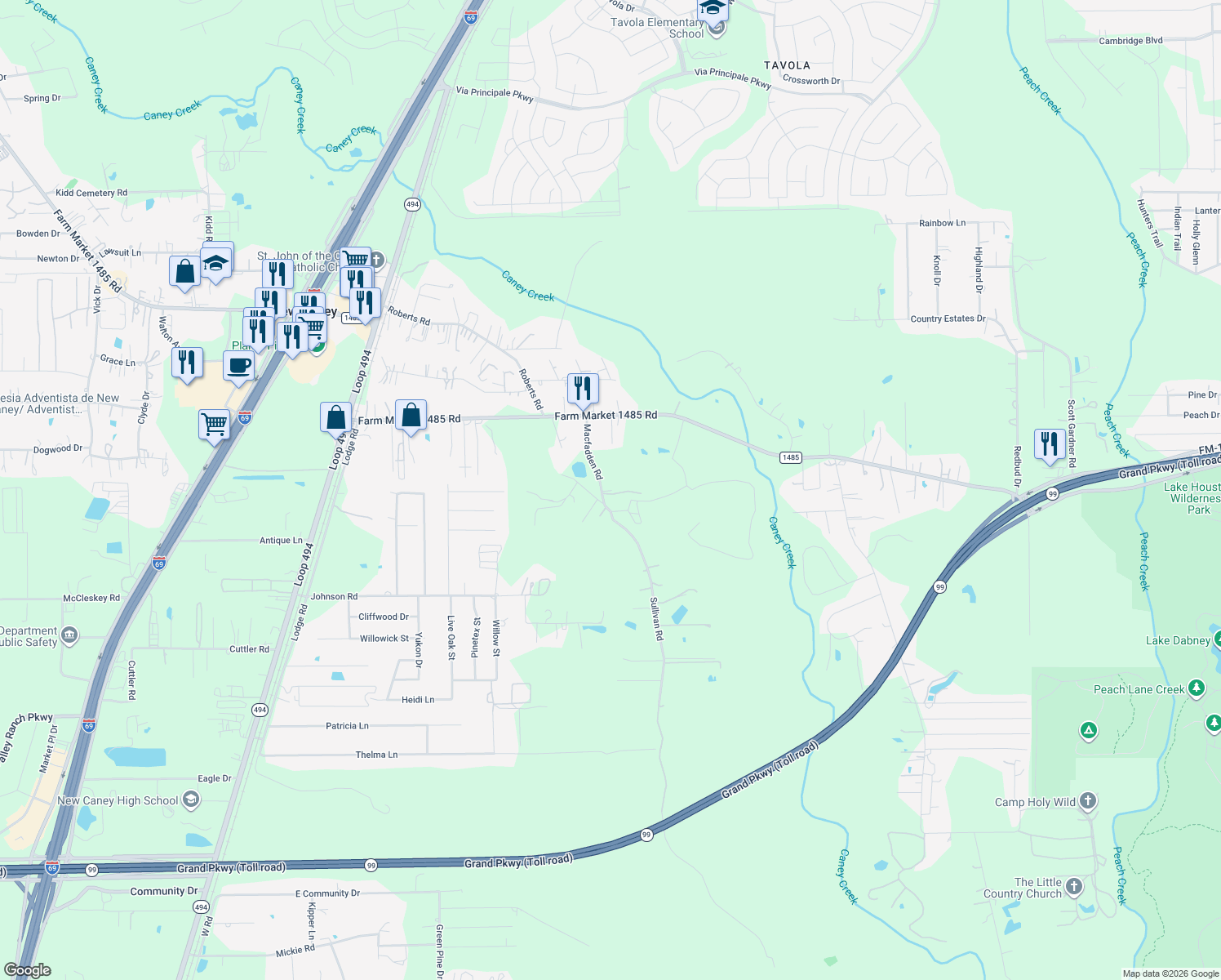 map of restaurants, bars, coffee shops, grocery stores, and more near 20593 Sullivan Road in New Caney
