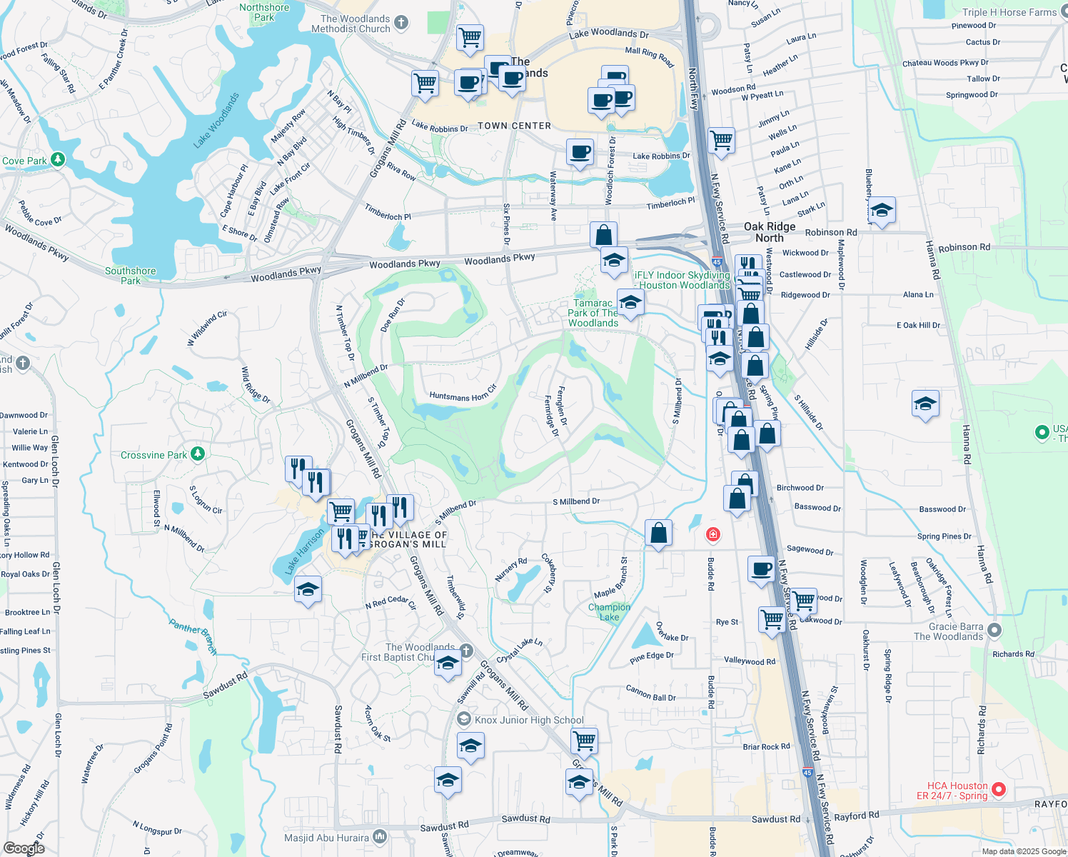 map of restaurants, bars, coffee shops, grocery stores, and more near 78 North Royal Fern Drive in Spring