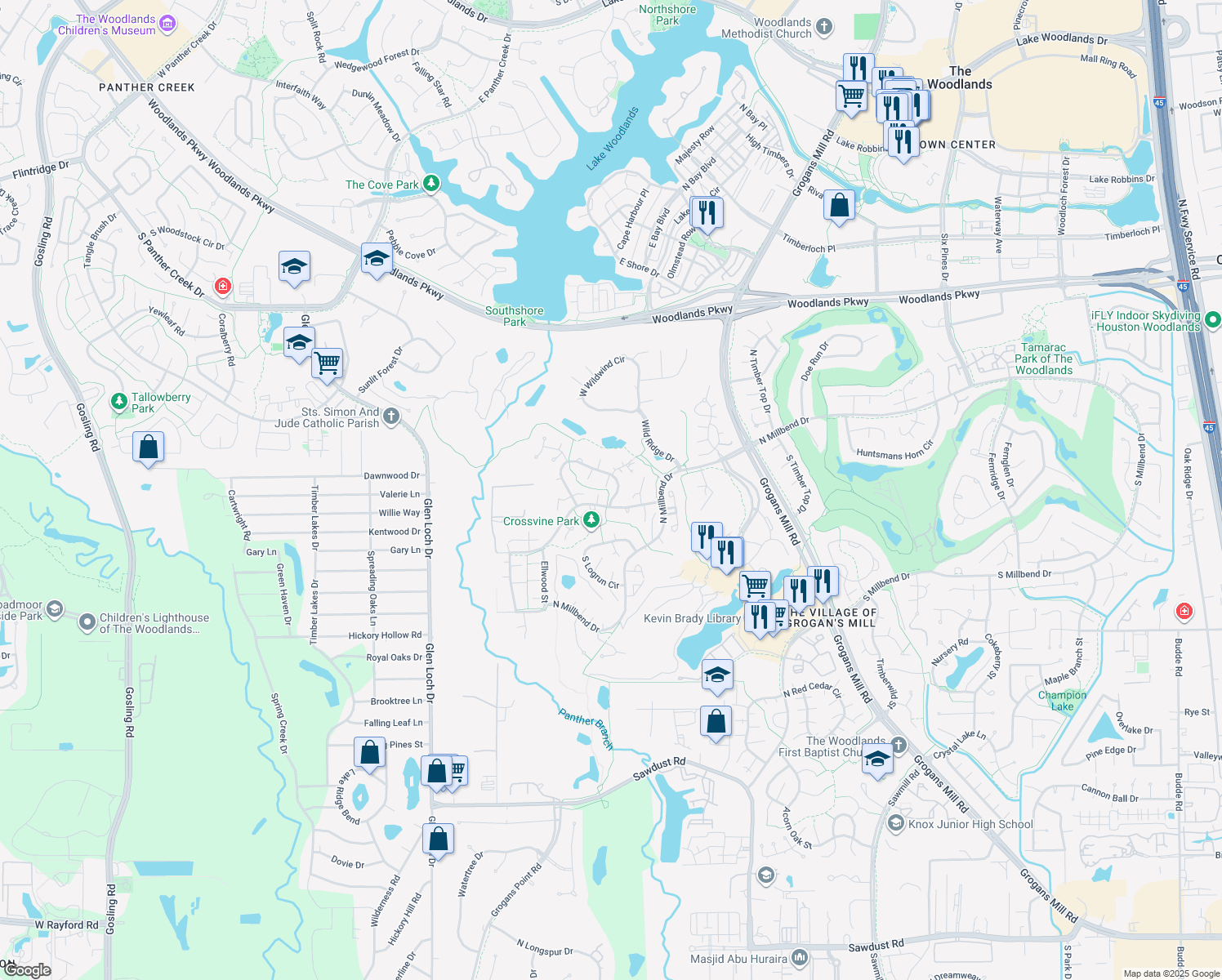 map of restaurants, bars, coffee shops, grocery stores, and more near 10705 East Timberwagon Circle in Spring