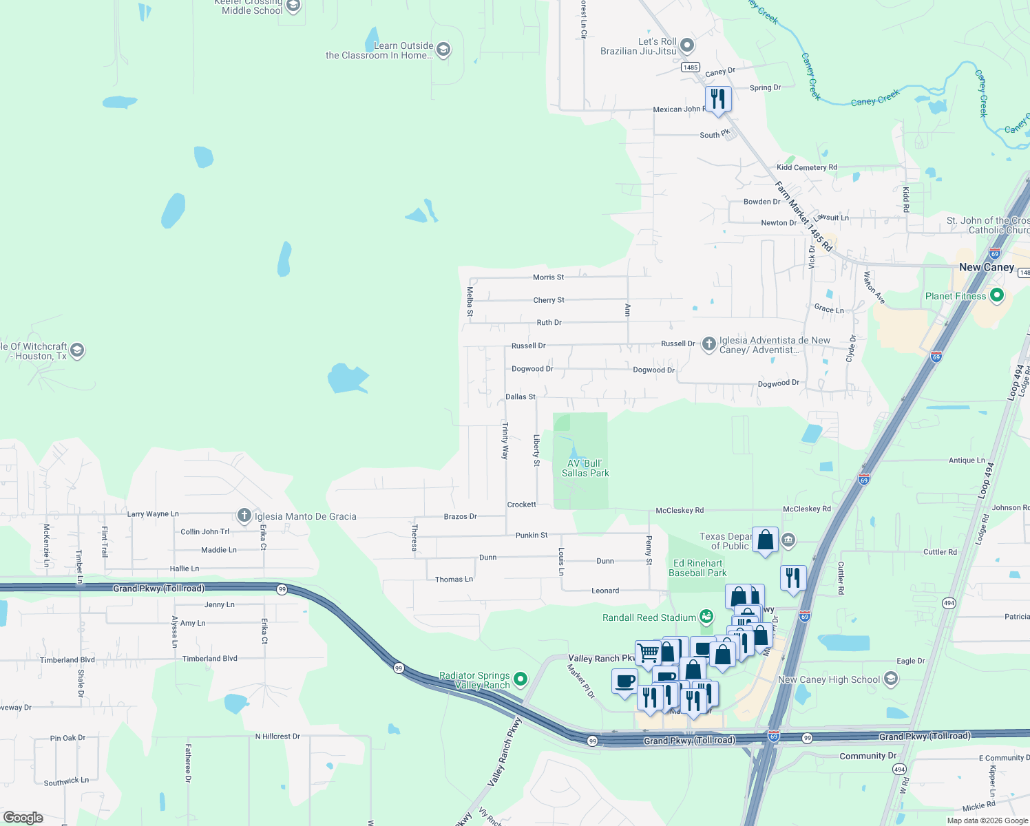 map of restaurants, bars, coffee shops, grocery stores, and more near 20719 Trinity Way in New Caney