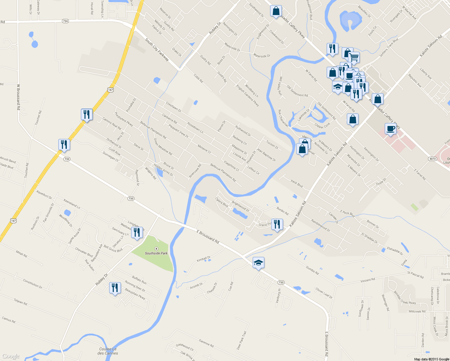 map of restaurants, bars, coffee shops, grocery stores, and more near 952 Bellevue Plantation Road in Lafayette