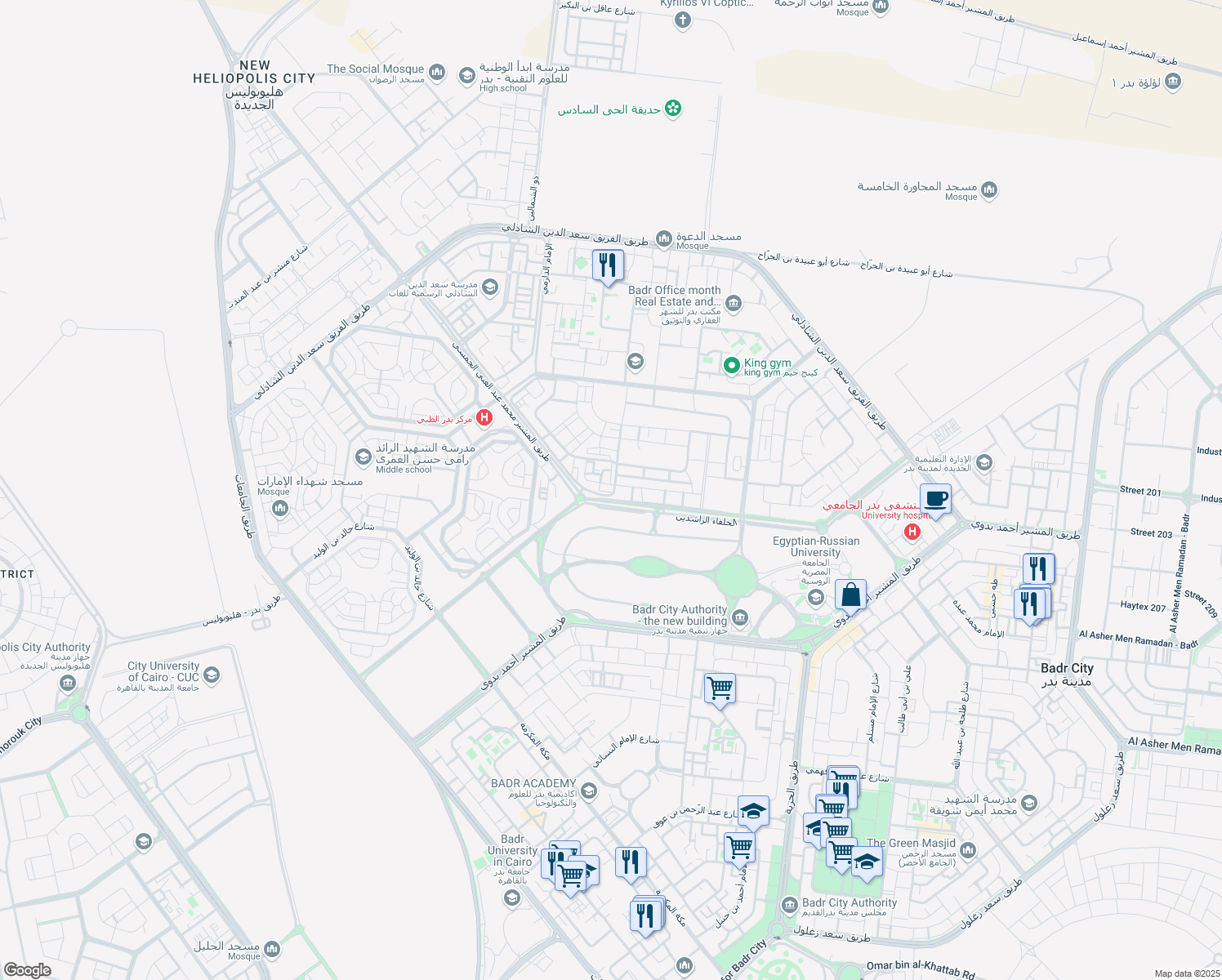 map of restaurants, bars, coffee shops, grocery stores, and more near in Badr City