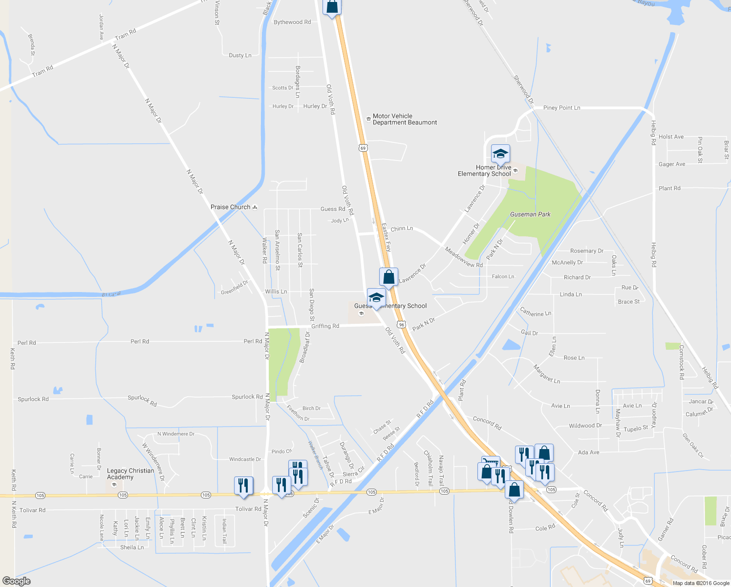 map of restaurants, bars, coffee shops, grocery stores, and more near 8098 Old Voth Road in Beaumont