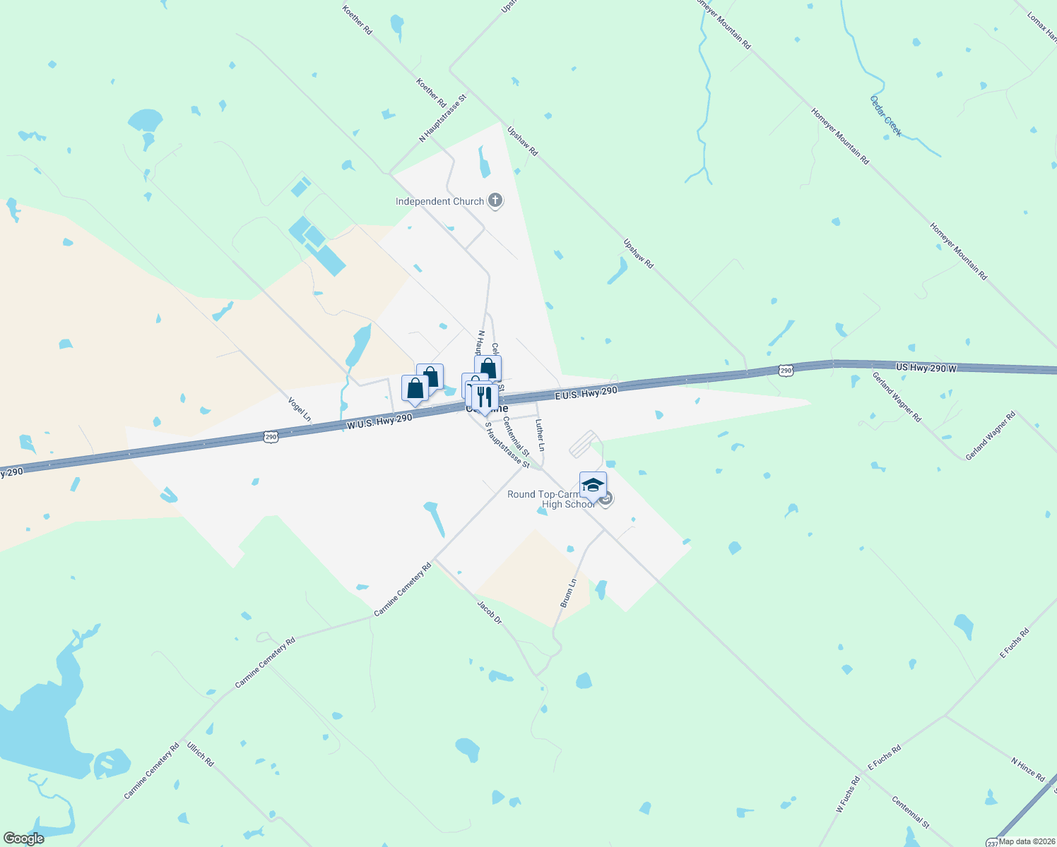 map of restaurants, bars, coffee shops, grocery stores, and more near 207 Augsburg Avenue in Carmine