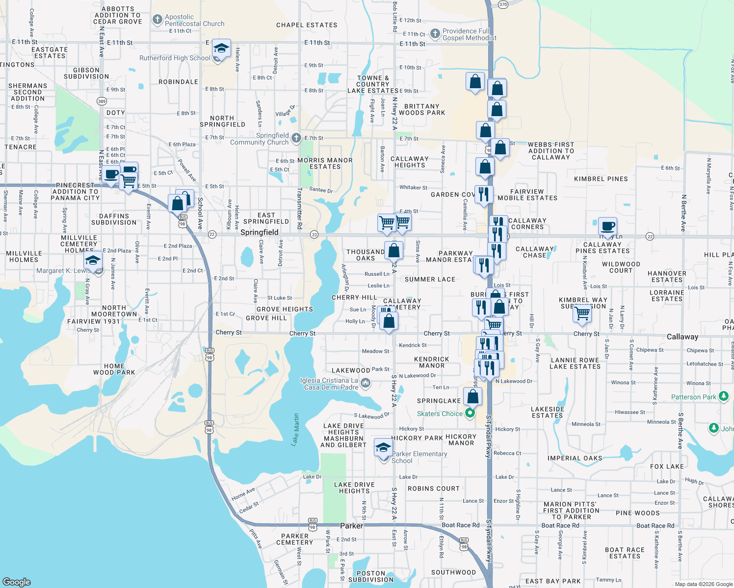map of restaurants, bars, coffee shops, grocery stores, and more near 4121 Cherry Lane in Panama City