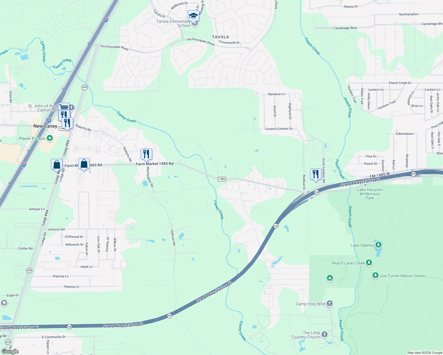 map of restaurants, bars, coffee shops, grocery stores, and more near 20451 Pin Oak Loop in New Caney