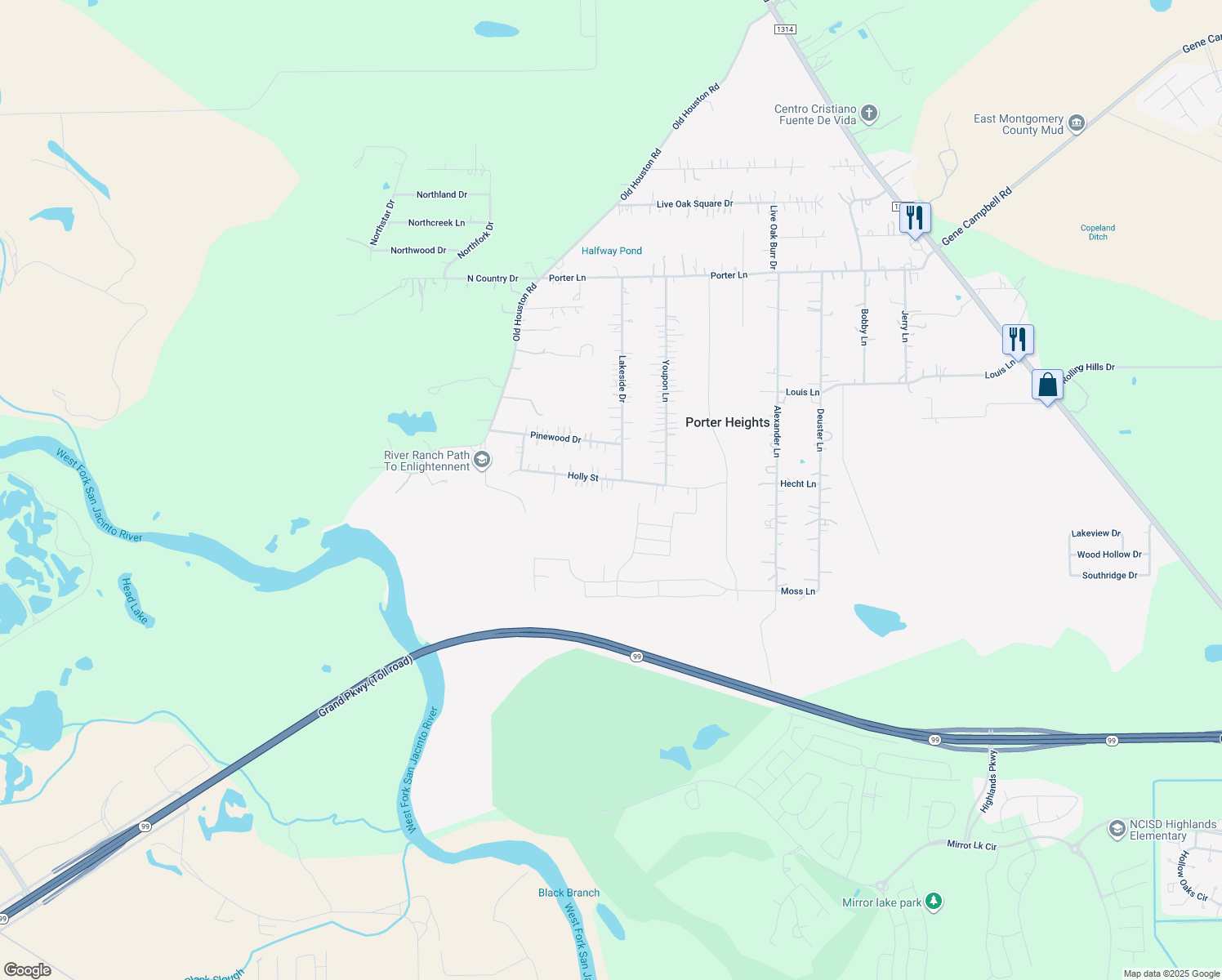 map of restaurants, bars, coffee shops, grocery stores, and more near 16280 Holly Street in Porter