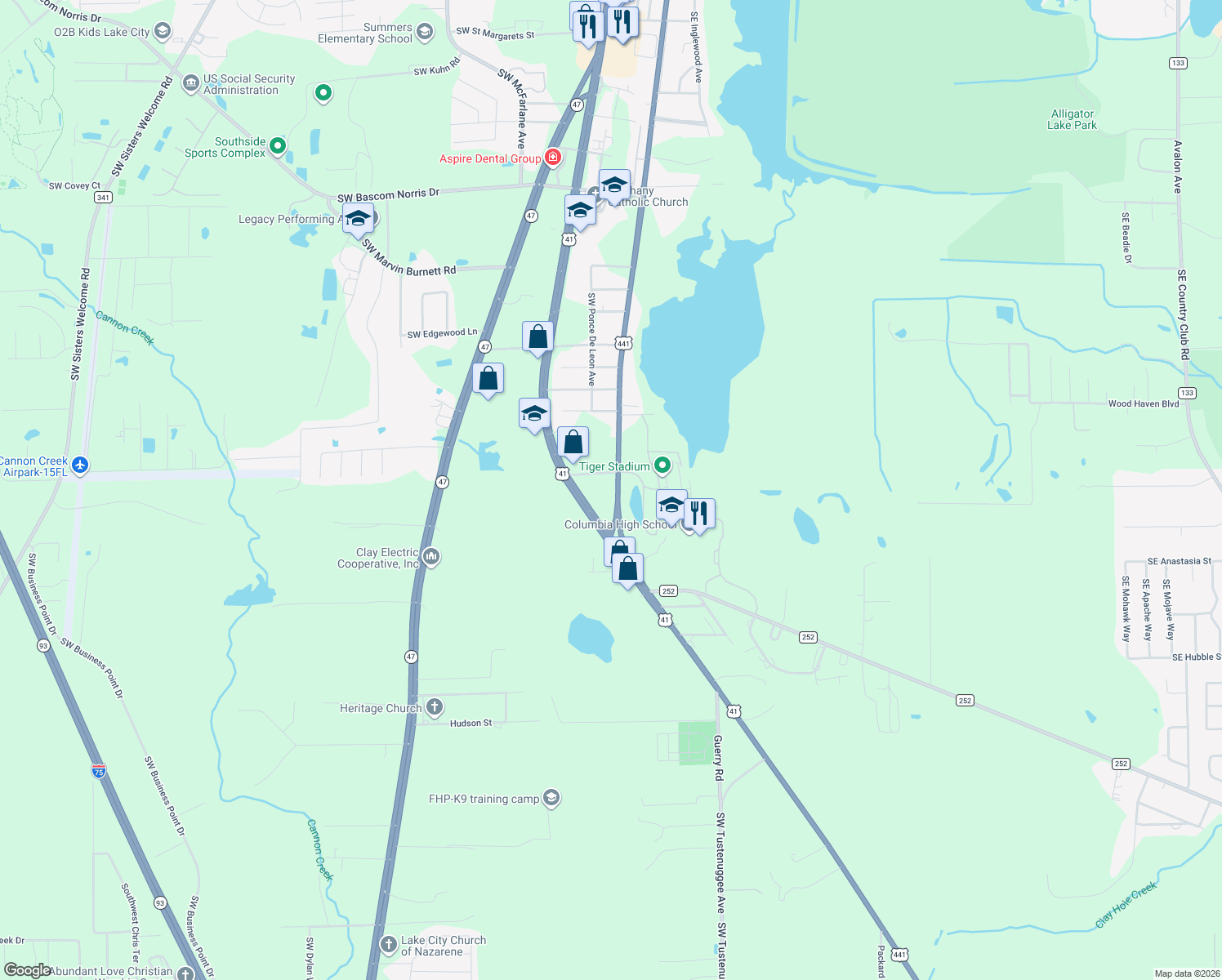 map of restaurants, bars, coffee shops, grocery stores, and more near 2812 South Marion Avenue in Lake City