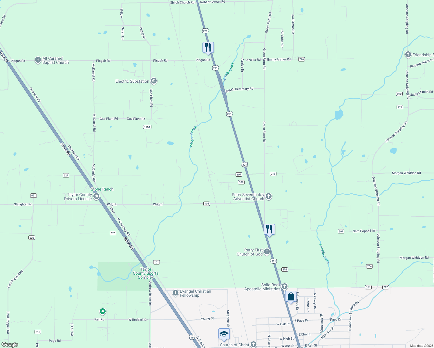 map of restaurants, bars, coffee shops, grocery stores, and more near 1384 T W Wilson Road in Perry